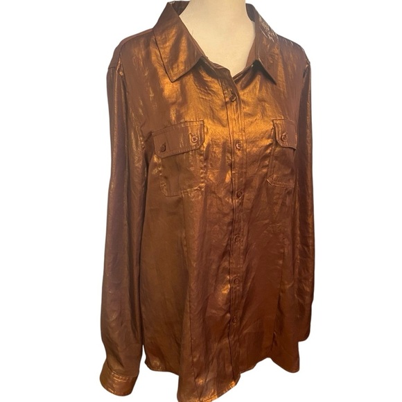 Calvin Klein Women’s Liquid Bronze Shimmer Metallic Button Down Shirt Size L Fun - Picture 6 of 15